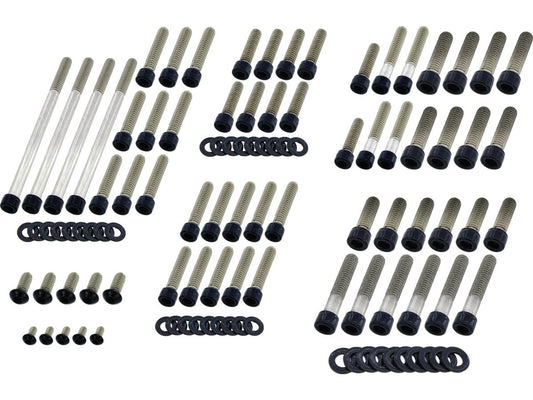 Complete Engine Screw Kit Screws for Dyna, Softail Primary-, Cam-, Inspection-, Derby-, Timer-, Tranny Side Cover, Inner Primary, Rockerboxes, Lifterbase Gloss Black Powder Coated